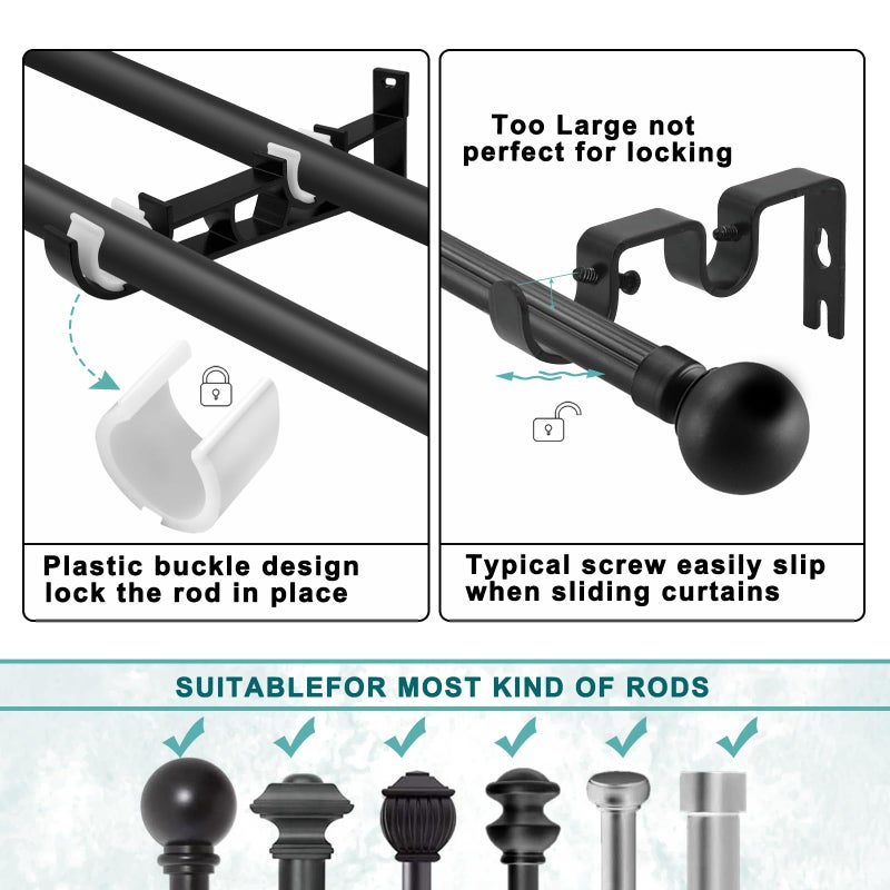 Gudui Double Curtain Rod Brackets, Heavy Duty Curtain Rod Hooks Curtain Rod Holders Wall Mounted for 1 inch Drapery Rod, Black, 2 Pack - Image 3